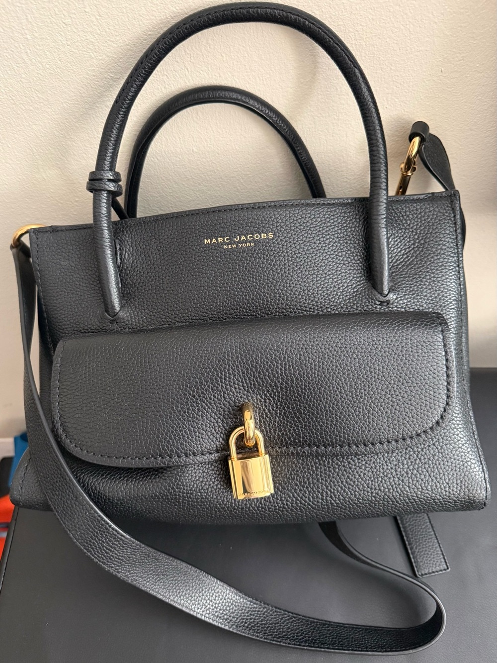 Marc Jacobs Lock That Black Leather Tote Satchel Crossbody Bag